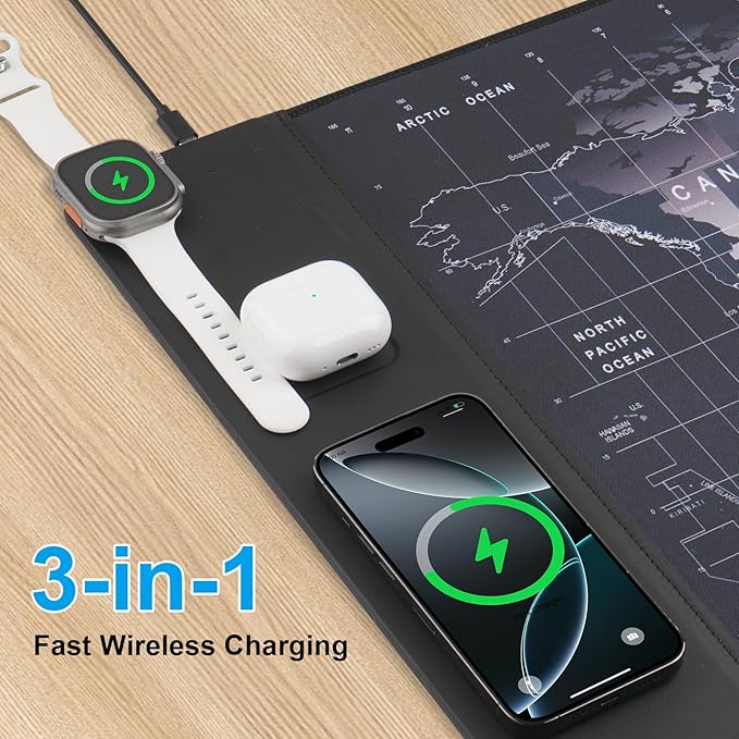 VOVIPO Wireless Charging Mouse Pad 15W, Waterproof Gaming Mousepad with Ultra-Smooth Surface, Non-Slip Base, XXL Large Desk Mat 90 x 40cm,Black World Map Computer Desk Pad for MacBook, PC, Laptop