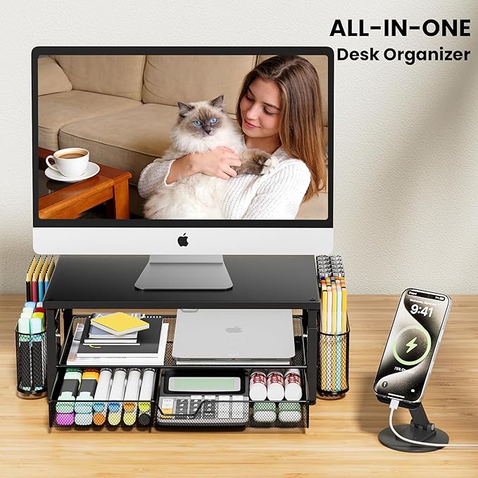 Desk Organizer and Accessories with Cellphone Holder, Height Adjustable 2-Tier Computer Monitor Stand Riser with Drawer and 2 Pen Holders,Office Desk Accessories for Office Supplies, Black