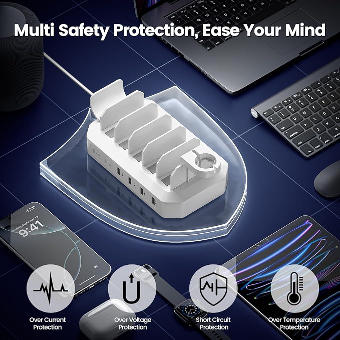 95W Fast Charging Station for Multiple Devices【UL & FCC Tested Safer Charging】 6-Port USB Charging Dock with 2 PD-Port, Compatible with iPhone/Android/MacBook/iPad/Tablet/Kindle(8 Cables Included)