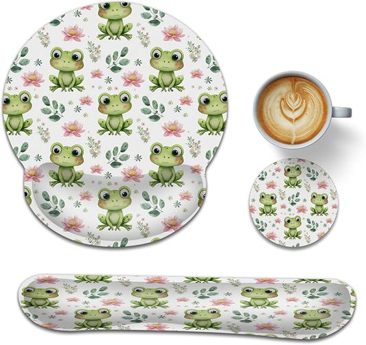 Cute Frog Wrist Rest Mouse Pad and Keyboard Support Set,Lotus Flower 3 in 1 Ergonomic Memory Foam Mousepad with Non Slip Base, Gaming Mouse Pad for Office and Home