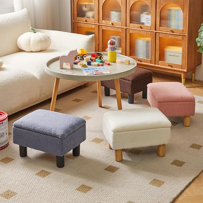 Aibiju Ottoman with Storage, Small Foot Rest for Couch 16x12x9.5inch, Safety Hinge Flip Top Foot Stool Load up to 330lb for Living Room Dorm Teddy White YD-JD136W