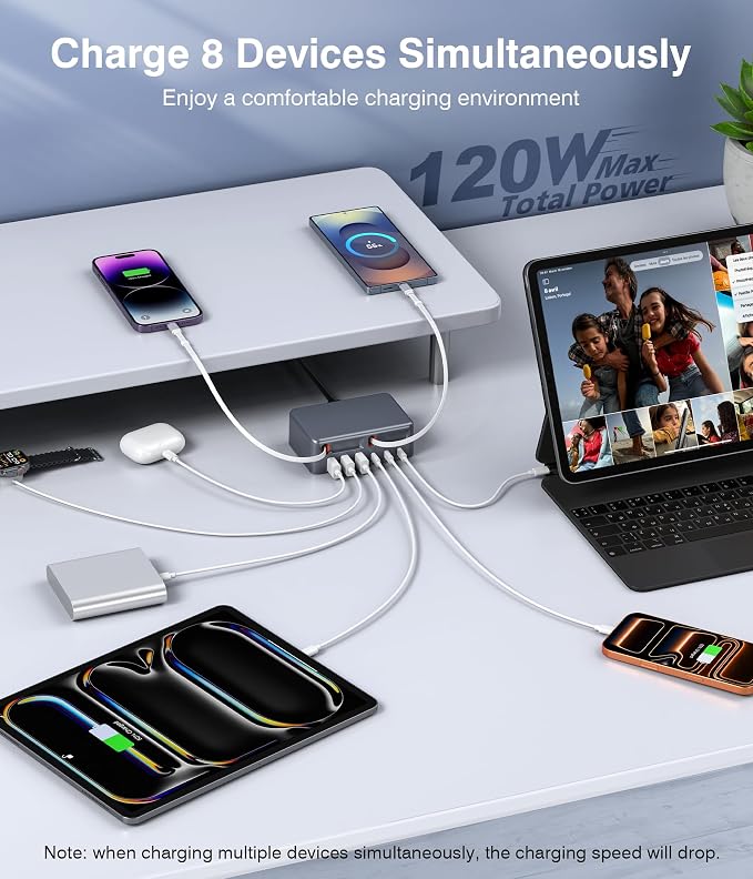 Upgraded 8-in-1 Retractable USB C Charger Block, 120W GaN Multi Charging Station Hub with Lightening & Type C Cable, Travel Essential USB C Power Strip Plug for iPhone 17 16 15 14 Pro Max iPad Galaxy