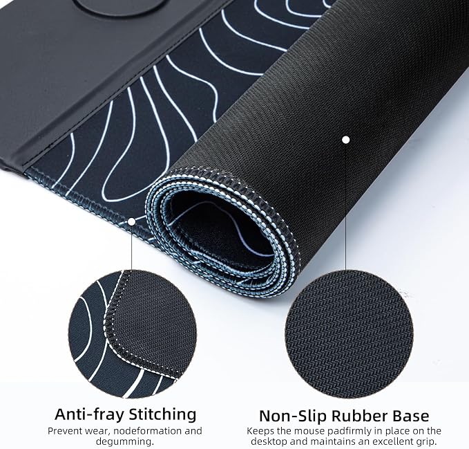 VOVIPO 3 in 1 Wireless Charging Mouse Pad, Gift for Dad/Office Manager,Wireless Charger Compitable with iPhone/Watch/airpods. Wireless Charging Desk Mat 90 x 40cm,Black Topographic Computer Desk Pad