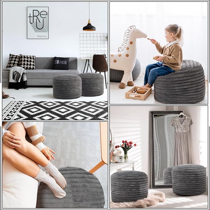 Teenyyou 2 Pcs 26 x 18 Inch Unstuffed Pouf Cover Ottoman Foot Rest - No Filler, Faux Rabbit Fur Foot Stool Floor Bean Bag Floor Chair Storage for Living Room Bedroom Home Decor(Gray)