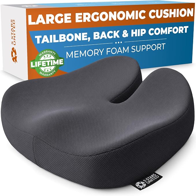 5 STARS UNITED Seat Cushion - Memory Foam Chair Cushion for Tailbone Pain Relief - Ergonomic Support for Coccyx, Sciatica & Butt - Office, Desk & Gaming Chair, Car Seat, Wheelchair, Dark Gray Mesh