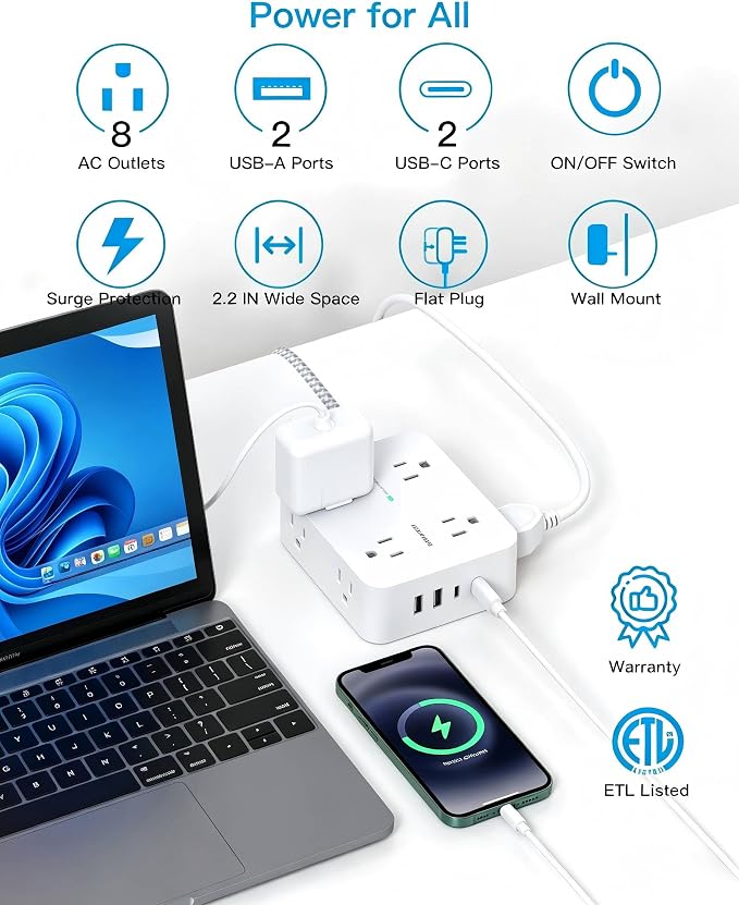 HANYCONY 10 Ft Braided Extension Cord with Ultra-Thin Flat Plug, 8 Widely Spaced Outlets & 4 USB Ports (2 USB C), 1080J Surge Protector Power Strip for Home Office, Dorm Room Essentials, Wall Mount