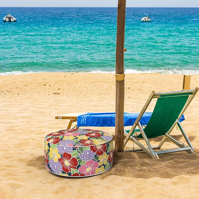 DYTXIII Inflatable Ottoman Stool D21 xH9 for Outdoor/Indoor Use, Water Repellent Patio Foot Rest with Portable Handle,Round Pouf Ottoman Suitable for Garden,Deck and Camping-Flower Bloom