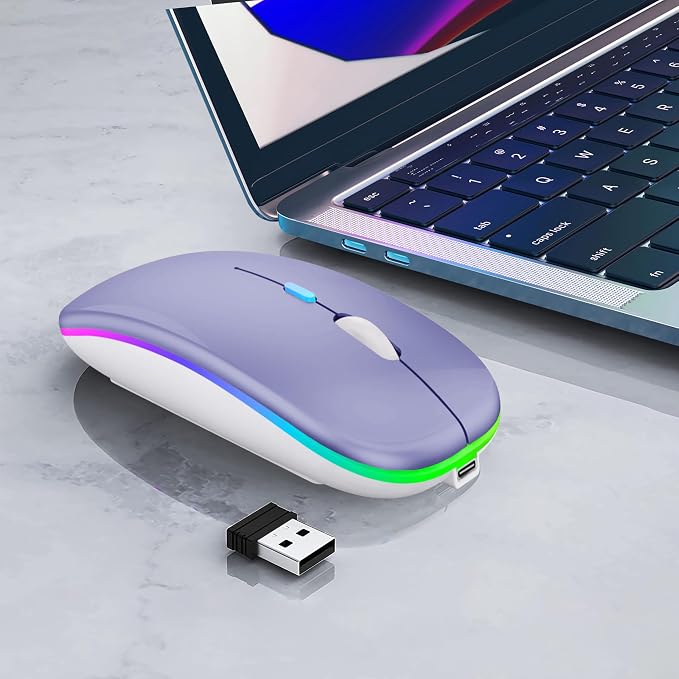 WREANU Wireless Bluetooth Mouse Rechargeable Laptop Mice with LED Lights Silent Slim Use(BT5.2 and 2.4G Portable USB Receiver)Dual Mode Computer Mouse for Laptop/iPad/Tablet/Apple/Computer/Mac(Purple)