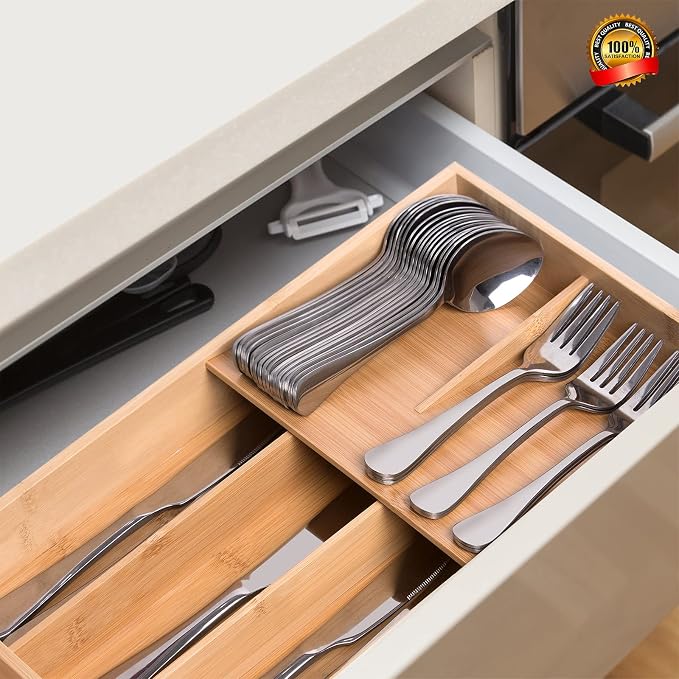 guiogc Bamboo Silverware Organizer, Kitchen Silverware Drawer Organizer, Utensil Tray Holder, Cutlery Tray for Spoons, Forks, Knives