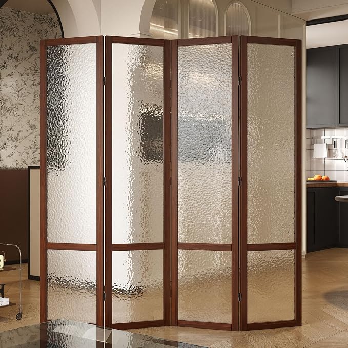 Acrylic Room Divider, 4-Panel Freestanding Partition Screen, Frosted Translucent Privacy Panel - Lightweight Modern Divider for Home Office Studio (Walnut, 4 Panels)