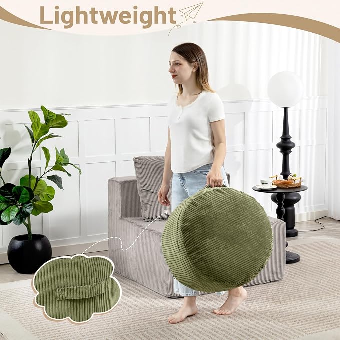 Round Stuffed Pouf Ottoman,Corduroy Foot Rest with Rebound Foam Filled, Furry and Fluffy Foot Stool Ottoman, Floor Poufs for Living Room (Green, 26" D x 26" W x 18" H)