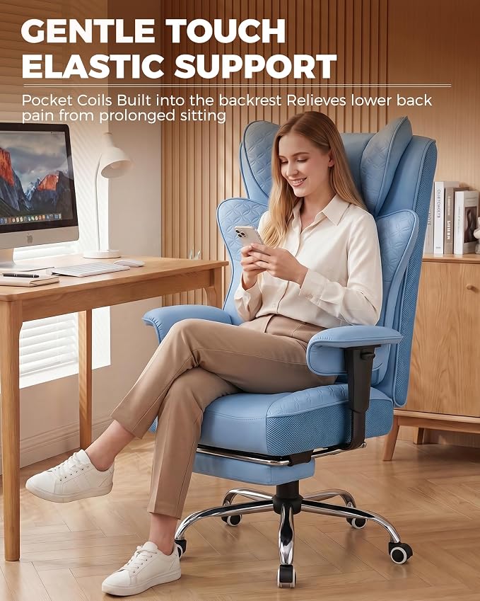 GTPLAYER Big and Tall Office Chair, Wide Ergonomic Gaming Chair with Deluxe Embossing Designed Leather with Foot Rest,150°Reclining Adjustable Soft Armrests Pocket Spring Back Support and Pillow