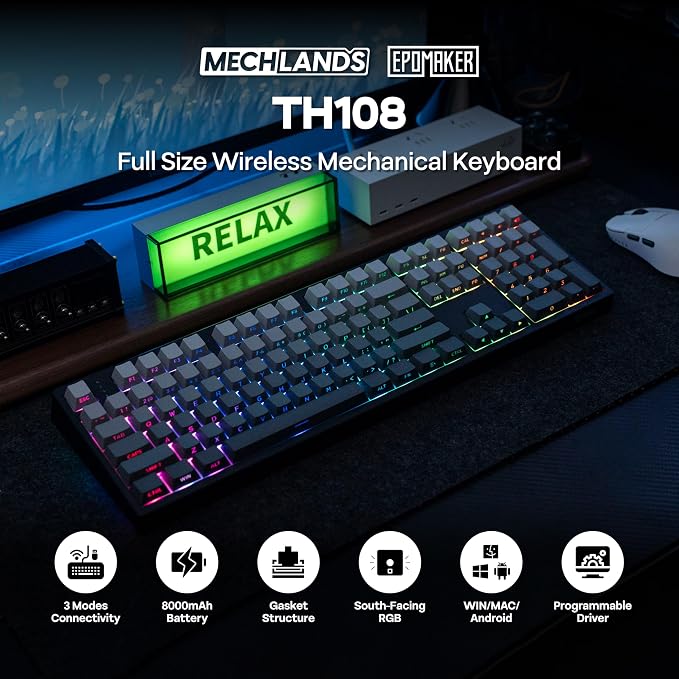 MechLands EPOMAKER TH108 Full Size Mechanical Keyboard, Wireless Gaming Keyboard, 8000mAh Battery, Creamy Gasket, 108 Keys, Hot Swap, Custom Driver, RGB Backlights (Black, Creamy Jade Switch)