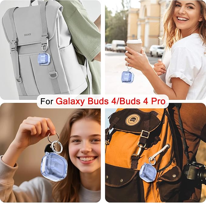 CameCosy Transparent case Compatible for Samsung Galaxy Buds 4/Buds 4 Pro 2026 with Lock Buckle & Phone Stand Function, TPU Shockproof Anti-Scratch Cover with Carabiner for Women Men, Clear Blue