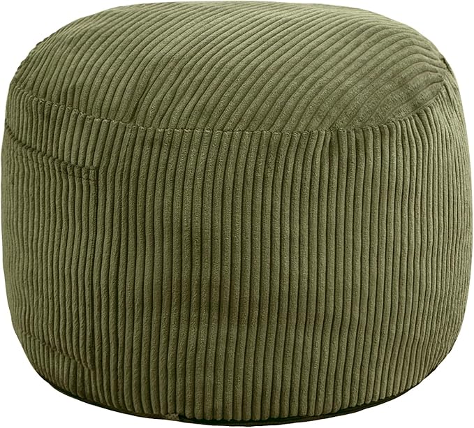 Round Stuffed Pouf Ottoman,Corduroy Foot Rest with Rebound Foam Filled, Furry and Fluffy Foot Stool Ottoman, Floor Poufs for Living Room (Green, 26" D x 26" W x 18" H)