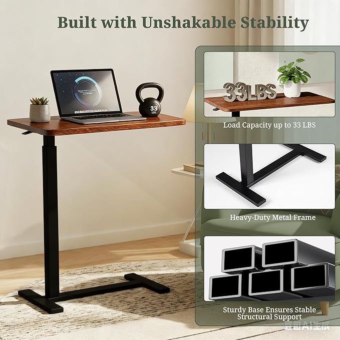 Mobile Standing Desk, Adjustable Height Desk with Hidden Casters, Portable Laptop Computer Table with Rolling Wheels, for Sit Stand Workstation, Compact and Sturdy for Home, Office, Dorm, Brown