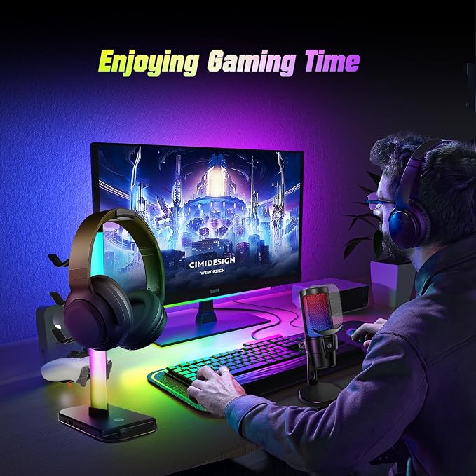 VCOM RGB Gaming Headphones Stand with 10 Light Modes, 4 Controller Holder with 1 USB & 2 Type-C Charging Ports,Headset Stand Suitable for All Earphone Accessories, Best Gift for Desk Gamers