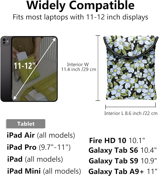Puffy Laptop Sleeve 11-12 Inch Blue Flower, Protective Carrying Case for Men and Women, Cute Case Bag Compatible with 11 and 12 Inch Laptops, 10.9" Ipad 10, 10.2" Ipad 7 8 9 in Cover