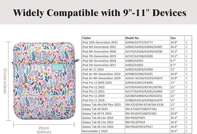TiMOVO 9-11 Inch Tablet Sleeve Bag with Shoulder Strap for iPad 11-inch A16 2025, iPad 10th Gen. 10.9"/10.2", Galaxy Tab A9+/A11Plus 11", Flowers