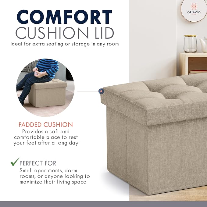 Ornavo Home Small Storage Ottoman, Set of 2, Foldable Collapsible Rectangle Linen Ottoman Foot Rest Stool Seat, for Living Room, Bedroom, Home Office, Dorm - 12 x 16 x 12, Taupe