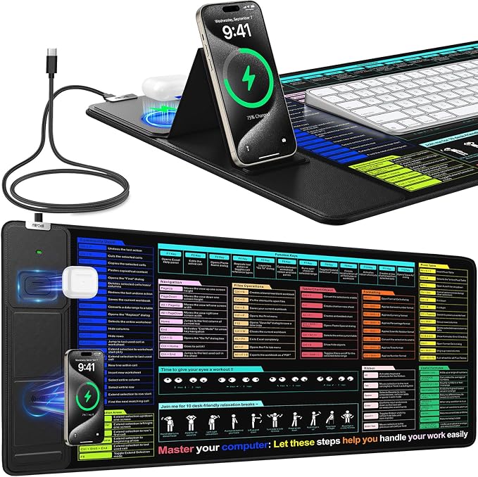 Mouse Pad with Foldable Phone Holder, Wireless Charging Desk Mat 31.5x15.75 Mousepad with Superior Micro-Weave Cloth Non-Slip Waterproof Desk Pad (Office Shortcut)