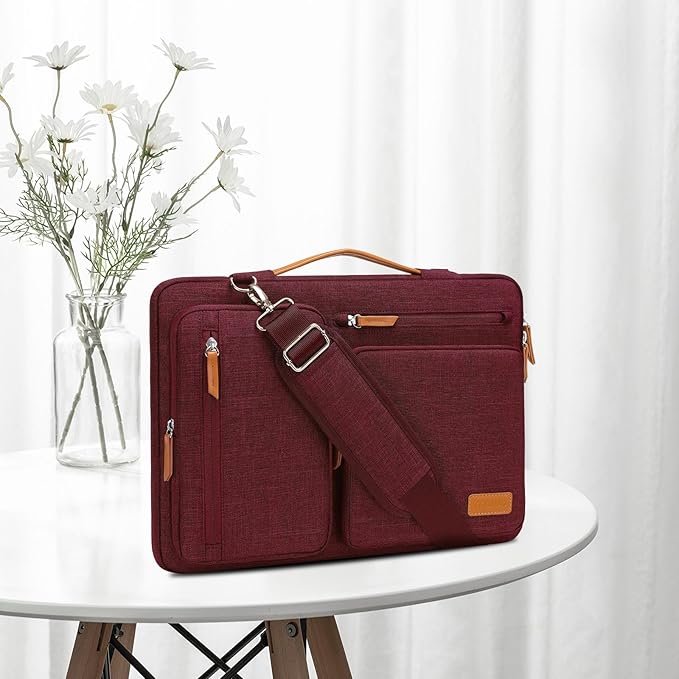 MOSISO 360 Protective Laptop Shoulder Bag,13-13.3 inch Computer Bag Compatible with MacBook Pro 14, HP, Dell, Lenovo, Asus Notebook,Side Open Messenger Bag with 4 Zipper Pockets&Handle, Wine Red