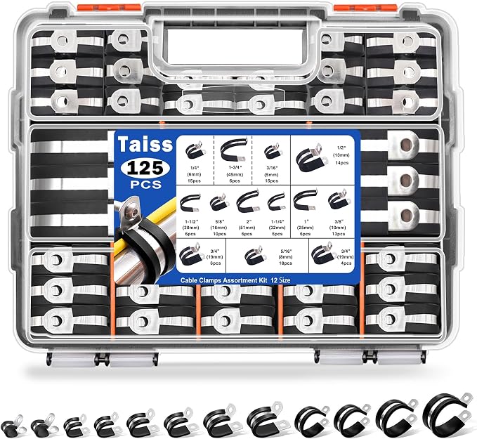Taiss 125PCS Cable Clamps Assortment Kit 12 Sizes 3/16" 1/4" 5/16" 3/8" 1/2" 5/8" 3/4" 1" 1-1/4" 1-1/2" 1-3/4" 2" Wire Clamps,304 Stainless Steel Rubber Cushion Pipe Clamps,With Portable Handheld Box