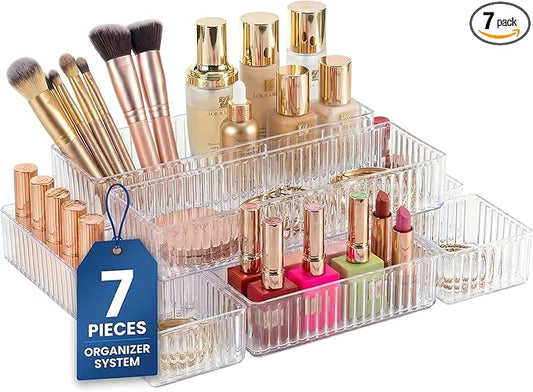 Li&Zhao 7PCS Stackable Bathroom Drawer Organizer-Clear Acrylic Drawer Organizer and Makeup Drawer Organizer with 4 Sizes 7 Grids for Vanity, Kitchen, Office Supplies