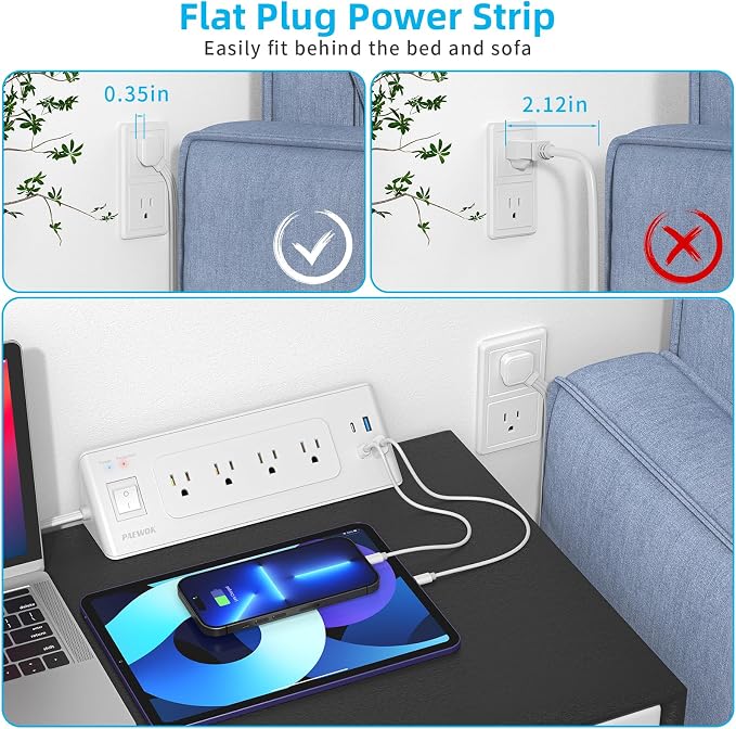 Electrical Outlet Extender with USB C, Flat Wall Plug Extension Cord with 4 Sockets, Surge Protector Power Strip 15 Amps/1200 Joules, 6.5 Ft Multi-Plug Extension Cable for Home Office Dorm, White