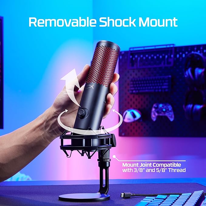 HyperX QuadCast 2 – USB Microphone for Gaming, Streaming and Podcasting, with On-Board Controls, LED Lighting, Removable Shock Mount, PC, Mac, PS5, PS4, USB-C - Black