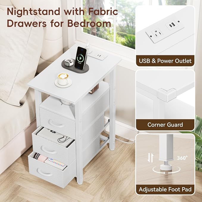 Vagusicc Set of 2 White Night Stand with Charging Station, Narrow Nightstand with U-S-B Ports and Outlets, Small Night Stand 3 Fabric Storage Drawers, Small Bedside Table