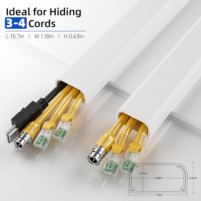 Delamu Large 236in Cord Hider for 3-4 Cords, Cord Covers for Wires on Wall, Easier Install Wire Covers for Cords on Wall, Cable Wire Hider, Cable Cover Management Raceway, W1.18 H0.63in, White