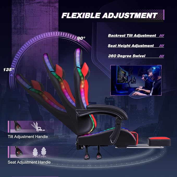 Homall Gaming Chair, Video Game Chair with Footrest and Massage Lumbar Support, Ergonomic Computer Chair Height Adjustable with Swivel Seat and Headrest (RGB Red)