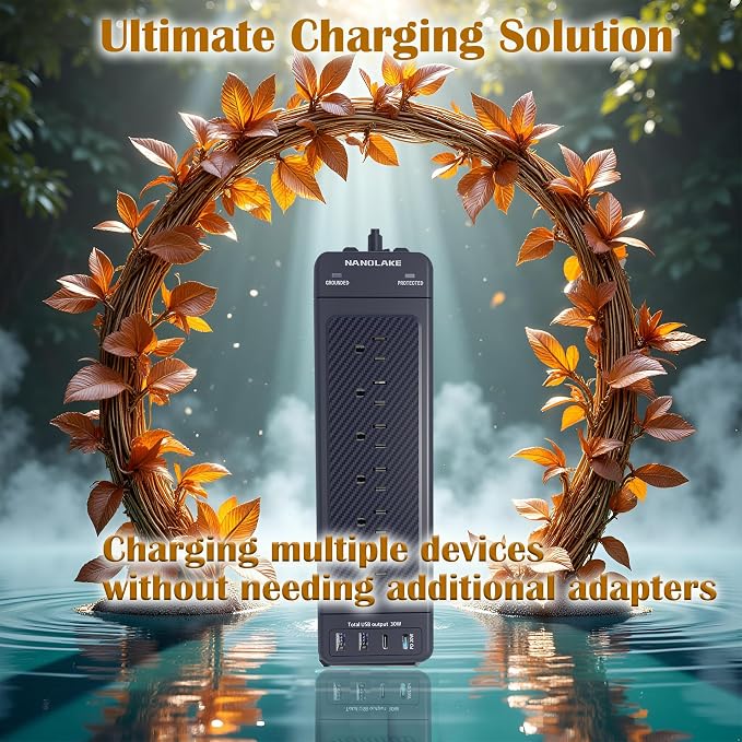 Surge Protector Power Strip 10ft Cord/High Joules Surge Protection (4800J)/Heavy Duty/Multiple outlets/Mountable/18AC/1875W/USB A+C(PD20W),Flat Plug,Commercial,Industrial,Office,Home,Black