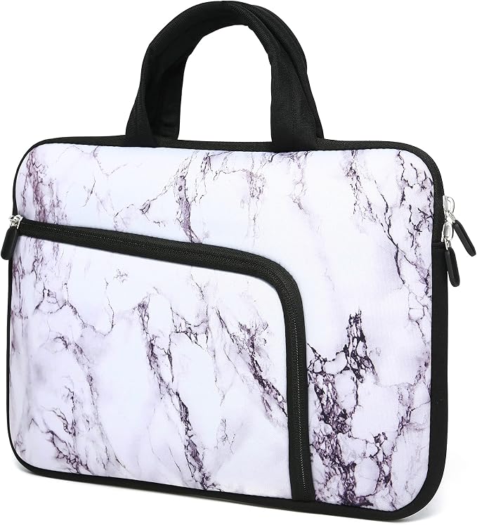 14 15 15.4 15.6 inch Laptop Handle Bag Computer Protect Case Pouch Holder Notebook Sleeve Neoprene Cover Soft Carrying Case with Extra Pockets For Dell Lenovo HP Chromebook (White Marble)