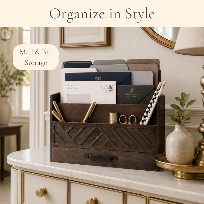 BLU MONACO | Wooden Mail Organizer with Drawer and Compartments | Mail Sorter Organizer Countertop for Desk Entryway | Outgoing Mail Holder Wood Desktop File Storage