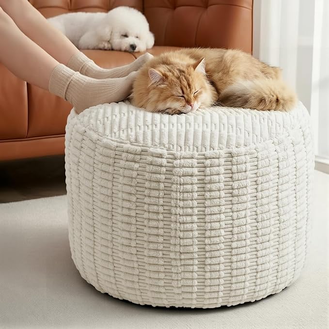 Round Pouf Ottoman Stuffed Corduroy Poufs Foot Rest with Foam Filling Fluffy Pouf Storage Ottoman Relax Stool for Living Room Couch 20 X 15 Inches, Cream