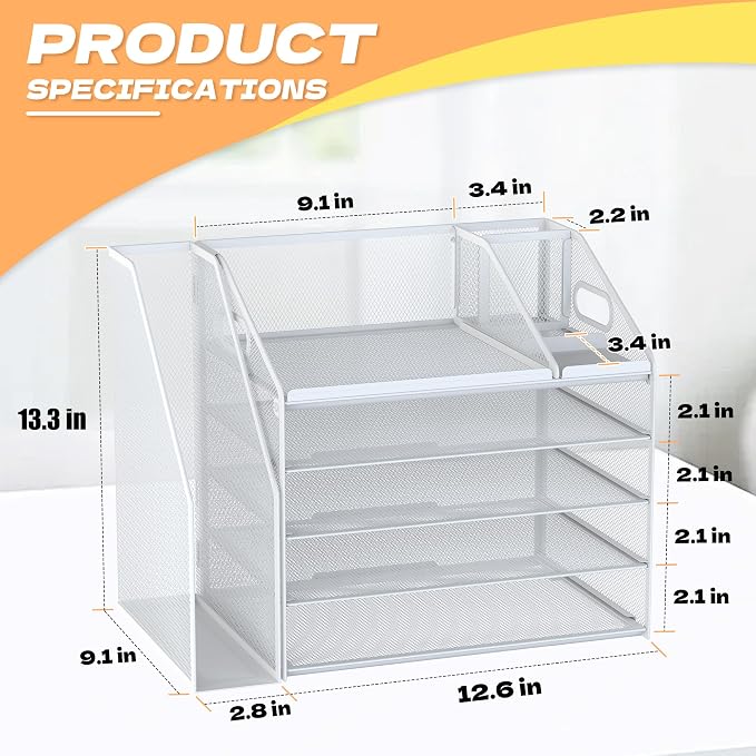 DocNest 5 Tier Paper Letter Tray File Organizer, Mesh Desk File with Handle, Workspace Desk Organizers with Pen Holder, Office Organization Storage Accessories - White