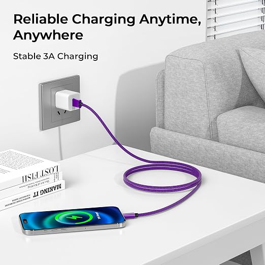 Basesailor for iPhone 17 16 Pro Max Charger Cord,USB to USB C Cable,Type C Charging Power Cord for Apple 17e 15 iPad 10 Air 4 5,Samsung Galaxy S26 S25 S24 S23,Purple,2Pack 6.6FT(2M)