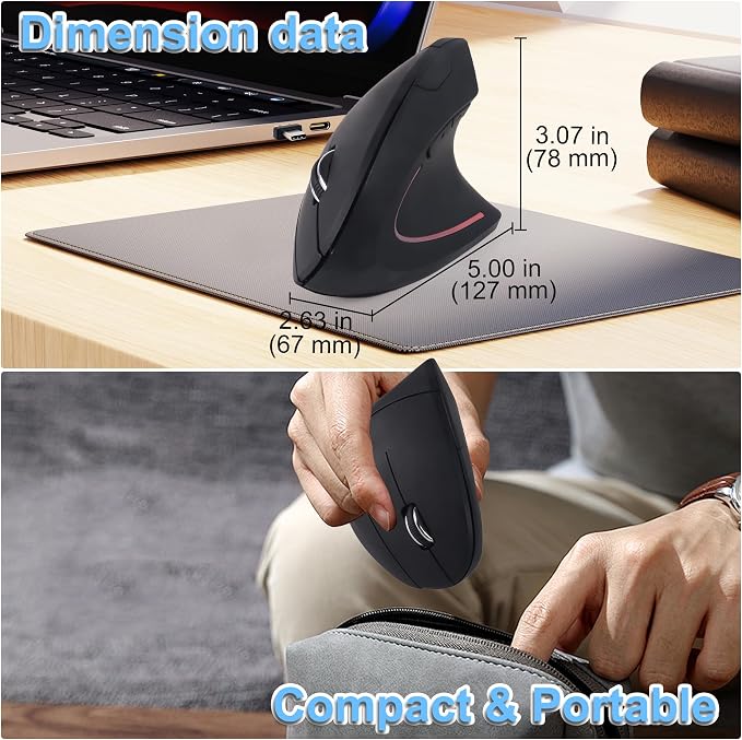 Ergonomic Mouse Wireless 2.4GHz Optical Right Hand Vertical Mouse with USB & Type-C Dual Port Receiver 6 Buttons Portable Silent USB Wireless Mice for PC Laptop Desktop Computer Mac Adult Gifts, Black