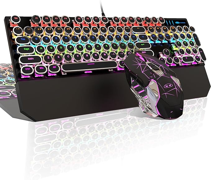 Typewriter Mechanical Gaming Keyboard and Mouse Combo, Retro Punk Round Keycaps RGB Rainbow Backlit Wired Keyboard for Game and Office, for Windows Laptop PC, Red Switches(Black)