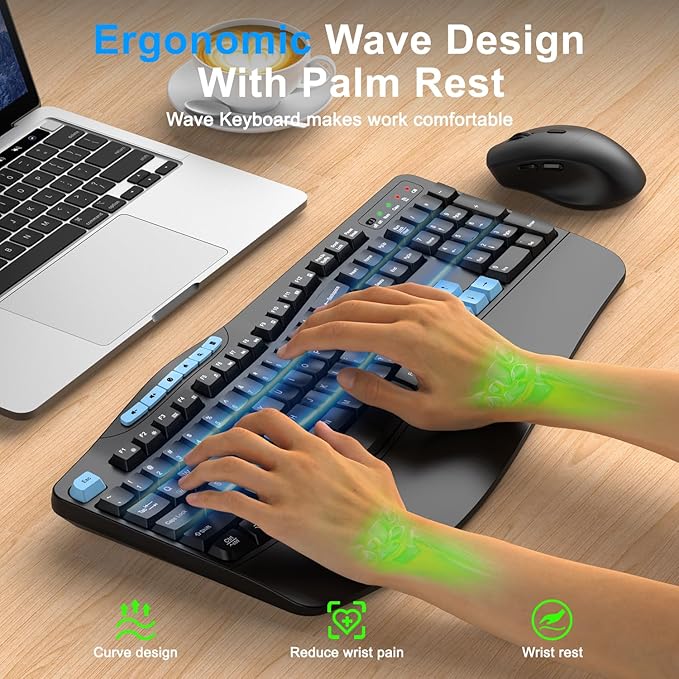 Wireless Keyboard and Mouse Combo, Ergonomic Keyboard with 6 Multimedia Keys, 2.4G Full Size Keyboard with Wrist Rest, 3-Level DPI Wireless Silent Mouse with 6-Buttons, for Windows (Blue Black)