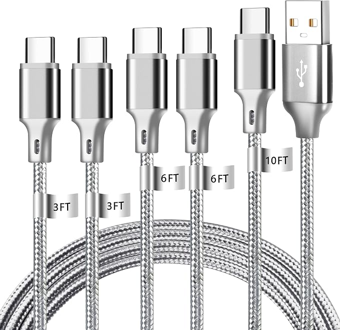 USB A to USB C Charger Cable, 5 Pack [3/3/6/6/10ft] Type C Fast Charging Cord High Data & Transfer Wire Compatible for iPhone 17/16/15 Plus/Pro Max iPad Pro Air Ps5 Controller Samsung Galaxy(Gray)