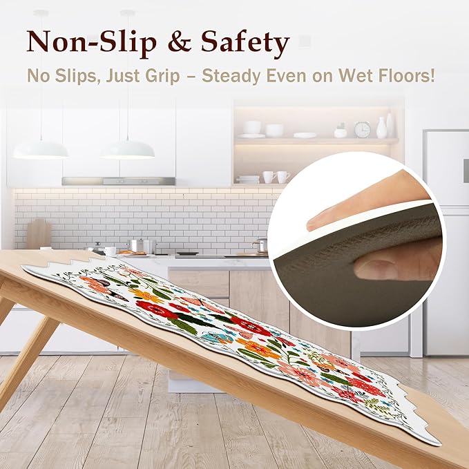 Arenarug Scalloped Kitchen Mats for Floor 2PC Cushioned Anti Fatigue Kitchen Mats Rugs Waterproof Non Slip Boho Floral Comfort Foam Standing Mat for Sink Laundry, White,17.3x30+17.3x59