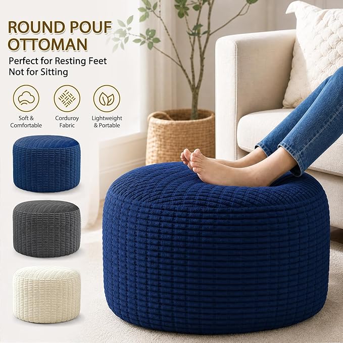 Round Corduroy Ottoman Foot Rest Pouf for Living Room Couch - Soft Plush Shredded Foam Filled Hassock Stool, Comfy Footstool for Adults (Cream - Chunky Corduroy, 26 INCH×18 INCH)