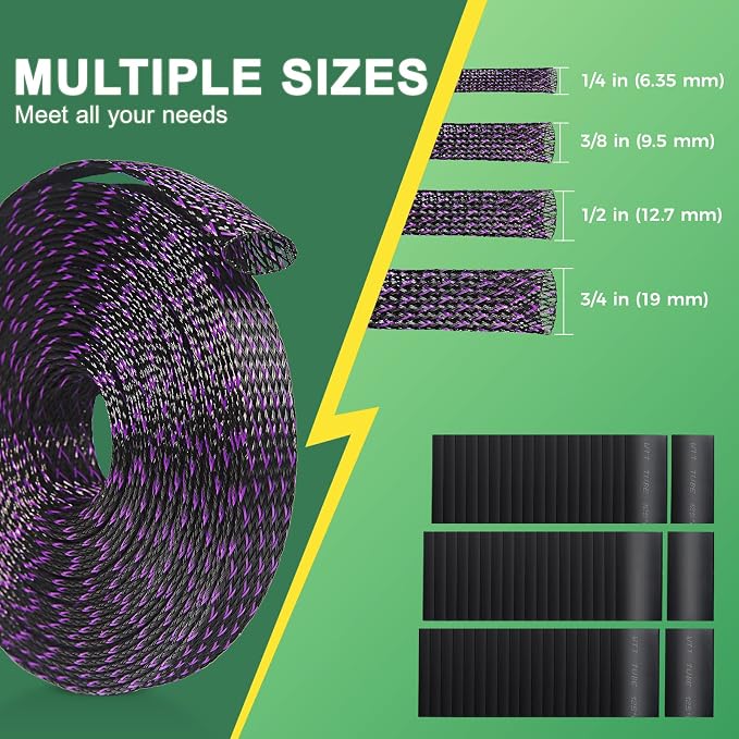 132 ft Expandable Braided Cable Sleeve Wire Loom PET Wiring Sleeving, Mesh Automotive Split Sheathing Wrap Management Heat Shrink for Audio and Other Home Device (1/2 in, 1/4 in, 3/8 in,3/4 in,Purple)
