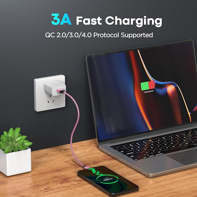 etguuds USB to USB C Cable 1ft, 2-Pack USB A to Type C Charger Cord Fast Charging for Samsung Galaxy A17 A16 A15 A26 A36 A56, S25 S24 S23 S22 S21 S20 S10 Note 20, for iPhone 17 16 15, Moto, Pink