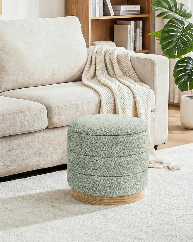 B FSOBEIIALEO Round Storage Ottoman with Tray, Folding Ottoman with Storage Coffee Table Foot Rest for Dorm Room Living Room Chenille Fabric,Sage Green,15.35"x15.35"x14.57"