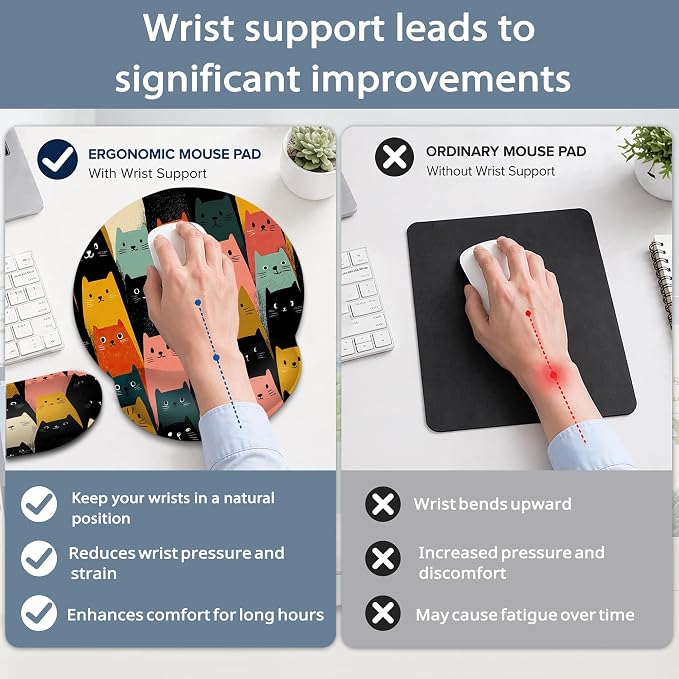 Cute Cat Wrist Rest Mouse Pad and Keyboard Support Set,3 in 1 Ergonomic Memory Foam Mousepad with Non Slip Base, Gaming Mouse Pad for Office and Home