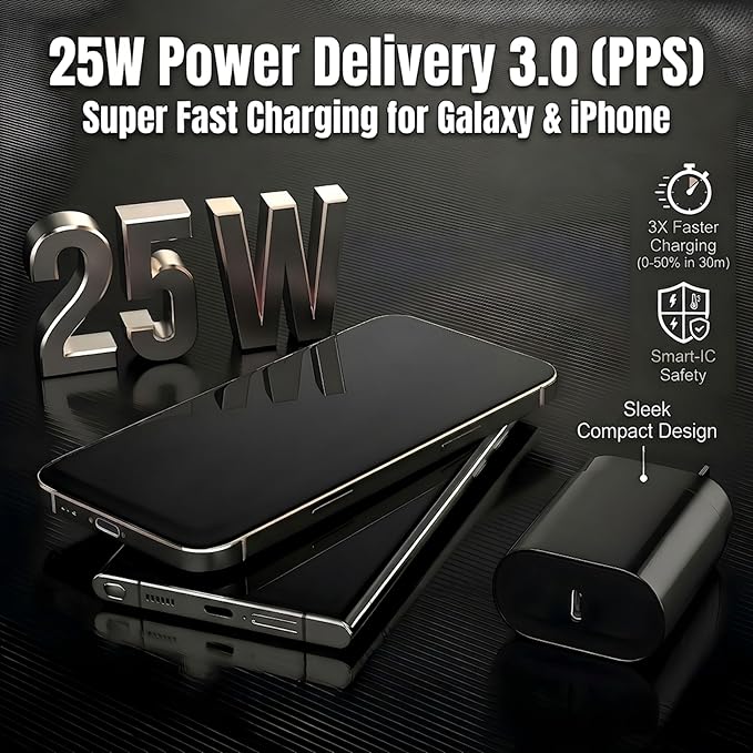 TT&C 25W Charger for Android, Super Fast Charging USB C Block & Type C Charge Cable Cord (6ft & 10ft) Compatible with Samsung Galaxy S26, S25, S24 Plus, S23, S22, & for iPhone 15/16/17-Black 2-Pack